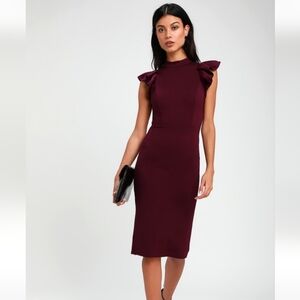Burgundy Backless Ruffle Bodycon Midi Dress
